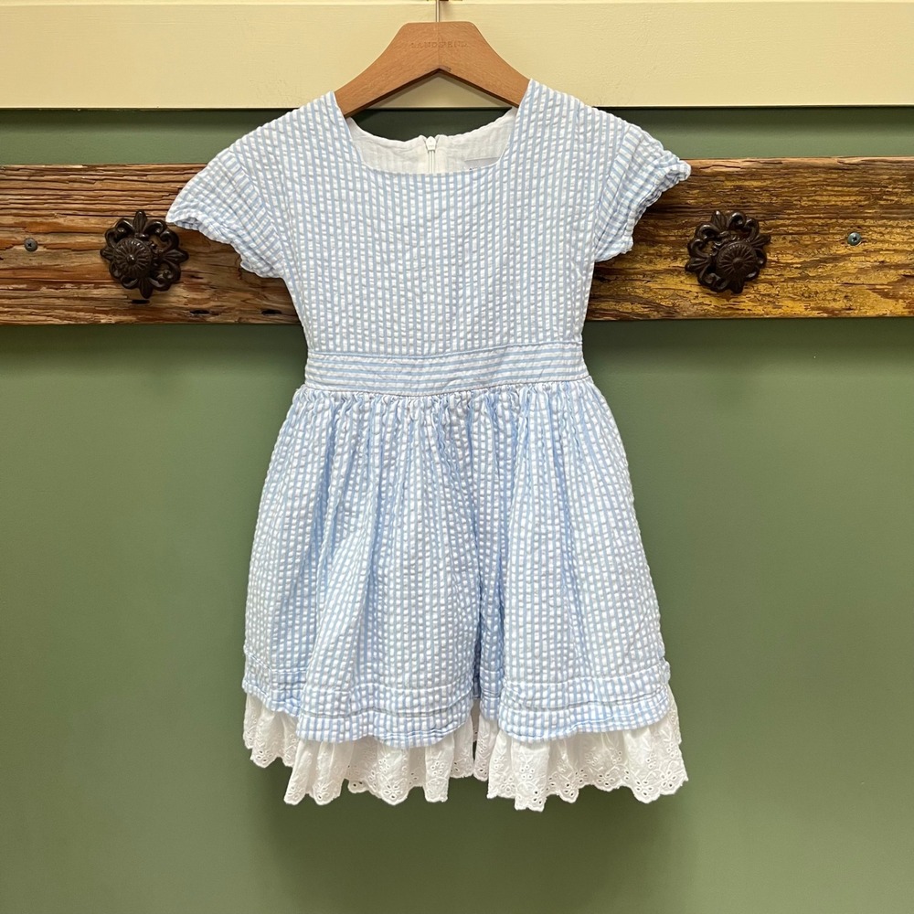 Only Little Once Girls Blue Seersucker Eyelet Lace Trim Dress Size 6 Easter